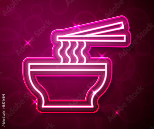 Glowing neon line Asian noodles in bowl and chopsticks icon isolated on red background. Street fast food. Korean, Japanese, Chinese food. Vector