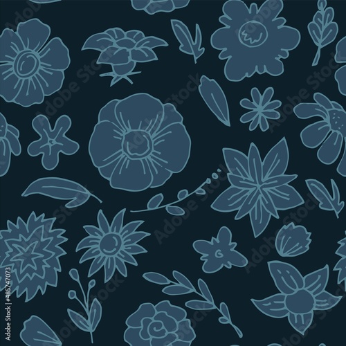 Beautiful funny flower. Dark Seamless pattern. Cute simple cartoon style. Outline sketch. Hand drawing design. Vector