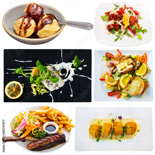 Collection of various French dishes with vegetables and condiment on white background