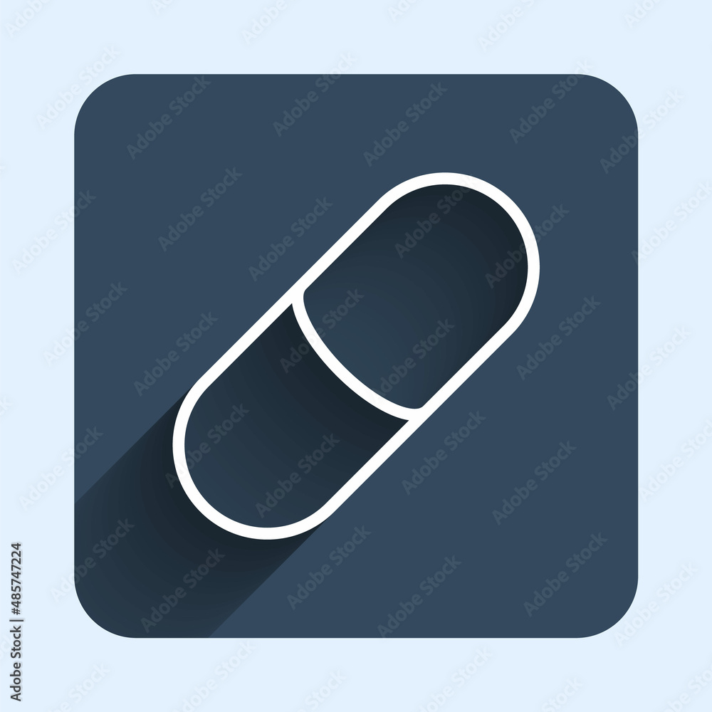 White line Sleeping pill icon isolated with long shadow background. Blue square button. Vector White line Sleeping pill icon isolated with long shadow background. Blue square button. Vector