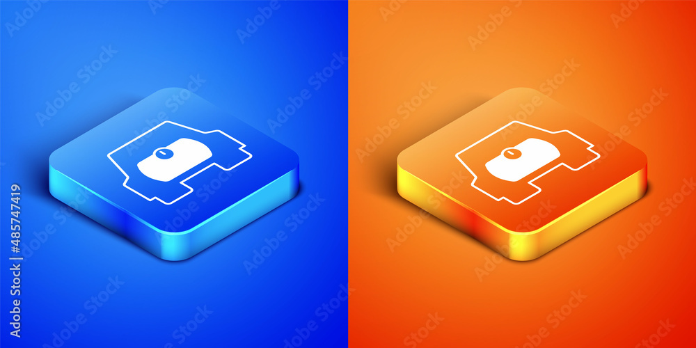 Isometric Gas tank for vehicle icon isolated on blue and orange background. Gas tanks are installed in a car. Square button. Vector Isometric Gas tank for vehicle icon isolated on blue and orange background. Gas tanks are installed in a car. Square button. Vector