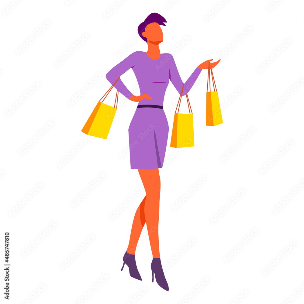 Drawing of girl with bags in purple dress, fashionable girl going shopping, business woman in store, girl on sale in store. Isolated on white background. Vector illustration