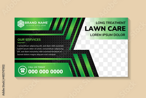 lawn care and gardening service using green gradient color. brochure template design with horizontal layout. dot pattern on dark grey background. space for photo collage and text.