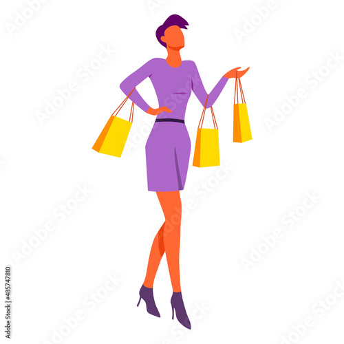 Drawing of girl with bags in purple dress, fashionable girl going shopping, business woman in store, girl on sale in store. Isolated on white background. Vector illustration