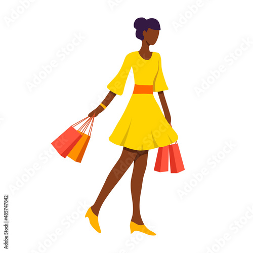 Drawing of girl with bags in yellow dress, fashionable girl going shopping, business woman in store, girl on sale in store. Isolated on white background. Vector illustration