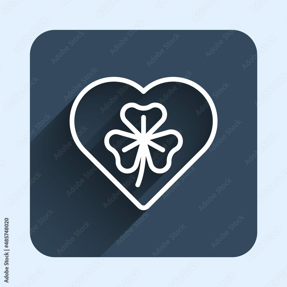 White line Heart with clover trefoil leaf icon isolated with long shadow background. Happy Saint Patricks day. National Irish holiday. Blue square button. Vector White line Heart with clover trefoil leaf icon isolated with long shadow background. Happy Saint Patricks day. National Irish holiday. Blue square button. Vector
