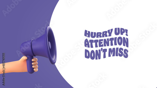 3d cartoon hand holding megaphone social media marketing vector illustration. Promotion advertising purple 3d loudspeaker