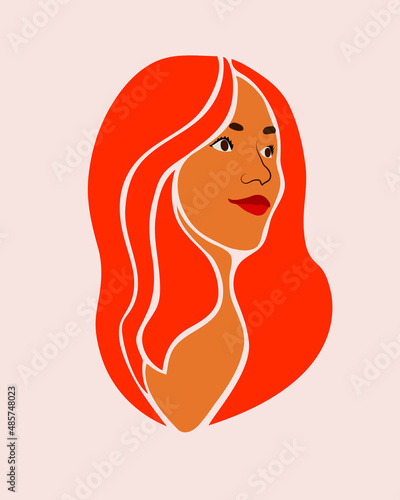 Drawing portrait of a girl with red hair, girl's face looking away, art for frame paintings, cosmetics, fashion, posters, woman with red lips and a slight smile. Vector illustration