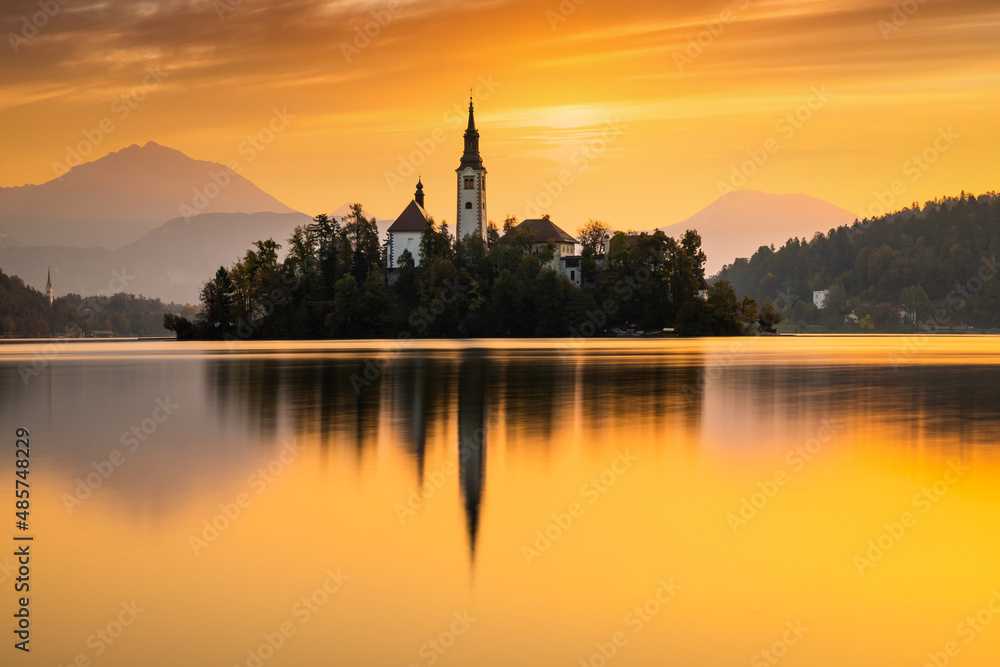 Autumn view on Bled Lake, Bled, Slovenia, Europe.