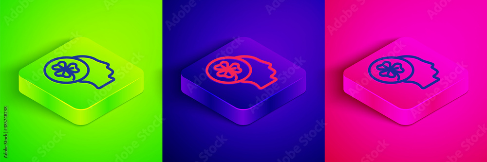 Isometric line Human head with clover trefoil leaf icon isolated on green, blue and pink background. Happy Saint Patricks day. National Irish holiday. Square button. Vector Isometric line Human head with clover trefoil leaf icon isolated on green, blue and pink background. Happy Saint Patricks day. National Irish holiday. Square button. Vector