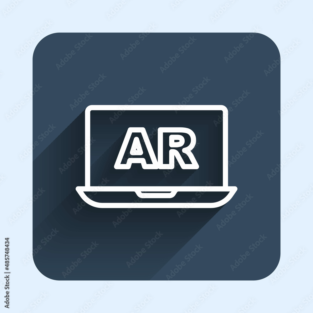 White line Augmented reality AR icon isolated with long shadow background. Virtual futuristic wearable devices. Blue square button. Vector White line Augmented reality AR icon isolated with long shadow background. Virtual futuristic wearable devices. Blue square button. Vector