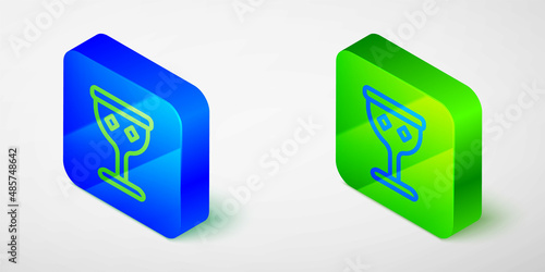 Isometric line Medieval goblet icon isolated on grey background. Holy grail. Blue and green square button. Vector