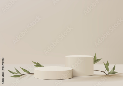 3d background products display podium scene with palm leaf geometric platform. background vector 3d render with podium. stand to show cosmetic products. Stage showcase on pedestal display biege studio photo