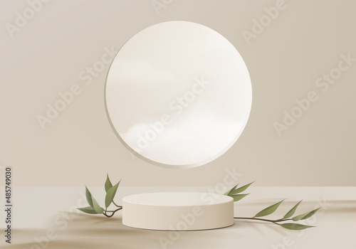 3d background products display podium scene with palm leaf geometric platform. background vector 3d render with podium. stand to show cosmetic products. Stage showcase on pedestal display biege studio