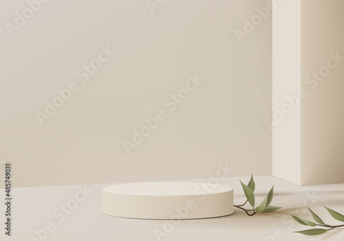 3d background products display podium scene with geometric platform. background vector 3d rendering with podium. stand to show cosmetic products. Stage showcase on pedestal display beige studio
