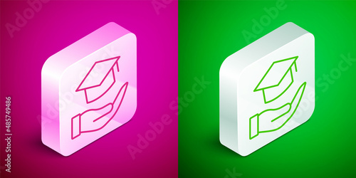 Isometric line Education grant icon isolated on pink and green background. Tuition fee, financial education, budget fund, scholarship program, graduation hat. Silver square button. Vector