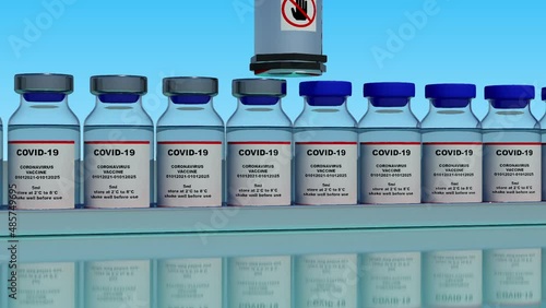 Wallpaper Mural SARS-COV-2 COVID-19 Coronavirus Vaccine Mass Production in Laboratory, Machine Puts Bottle Caps on Ampoules Moving on Pharmaceutical Conveyor Belt in Research Lab. Loopable Footage. 3d render Torontodigital.ca