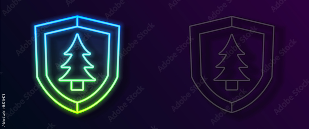 Glowing neon line Shield with tree icon isolated on black background. Eco-friendly security shield with tree. Vector Glowing neon line Shield with tree icon isolated on black background. Eco-friendly security shield with tree. Vector