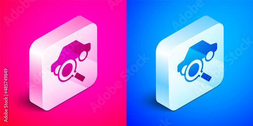 Isometric Car sharing icon isolated on pink and blue background. Carsharing sign. Transport renting service concept. Silver square button. Vector