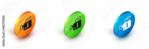 Isometric Cinema camera icon isolated on white background. Video camera. Movie sign. Film projector. Circle button. Vector