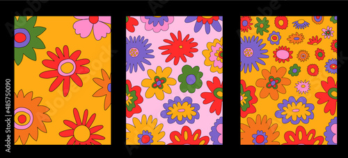 vintage vector interior posters in hippie style.70s and 60s funky and groovy postcards.Psychedelic patterns with flowers shapes.Vibrant pattern for wallpaper and back.Low contrast.Set of retro placard