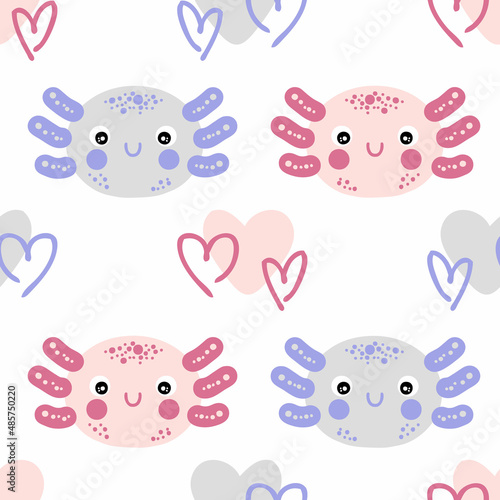 Hand drawn seamless pattern with axolotls faces and hearts. Perfect for T-shirt, textile and print. Doodle vector illustration for decor and design.