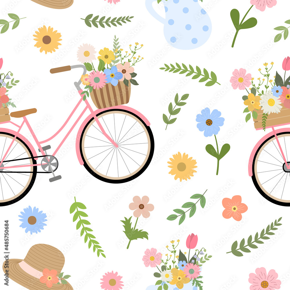 Cute cartoon spring floral bicycle, a pitcher with flowers and branches, hat. Isolated on white background. Botanical garden print for textile design, cards.
