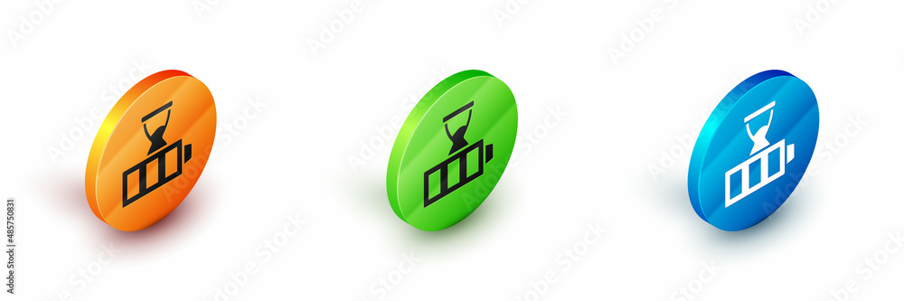 Isometric Battery charge level indicator icon isolated on white background. Circle button. Vector Isometric Battery charge level indicator icon isolated on white background. Circle button. Vector