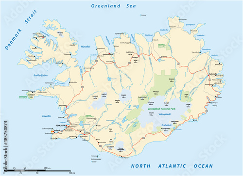 roads and national parks map of the european island nation of iceland