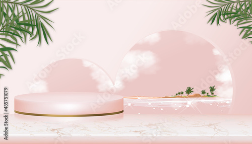Minumal Podium display with Pink and Yellow gold Cylinder Stand on Rose gold foil marble,Vector Realistic 3D for Stage pedestal platform,Product presentation, Cosmetic product display or Spa Showcase