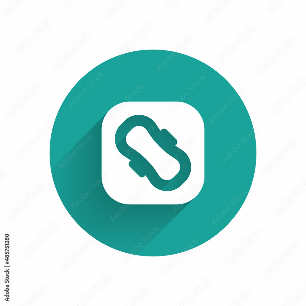 White Menstruation and sanitary napkin icon isolated with long shadow background. Feminine hygiene product. Green circle button. Vector White Menstruation and sanitary napkin icon isolated with long shadow background. Feminine hygiene product. Green circle button. Vector