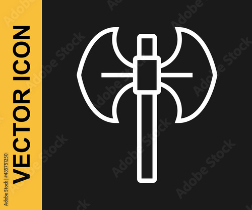 White line Medieval poleaxe icon isolated on black background. Vector photo