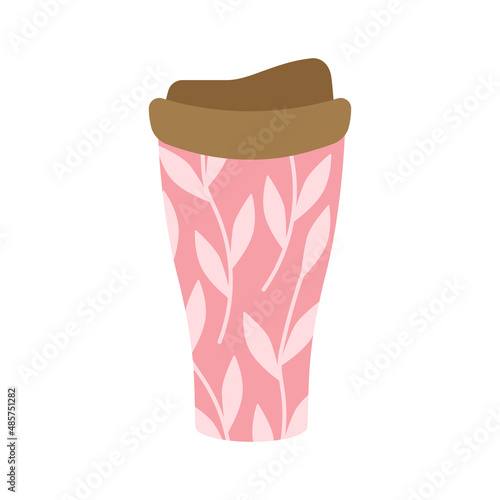 Reusable thermocup with a pink leaf and twig print for the concept of zero waste. For hot drinks, coffee, tea, cocoa. Vector illustration in cartoon style.