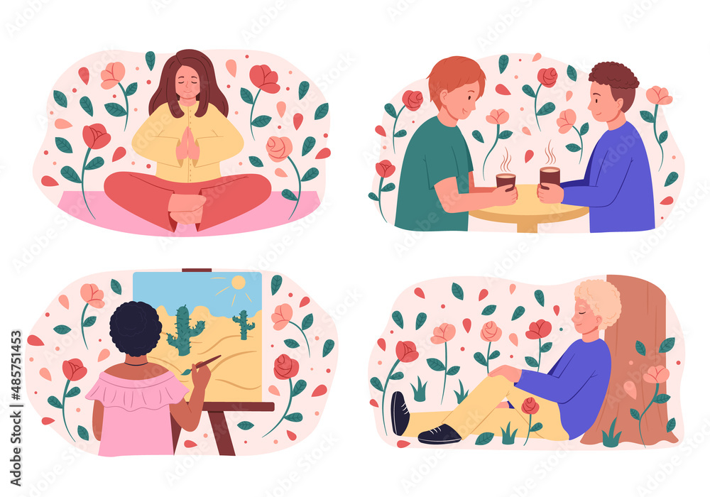 Set of vector illustrations. The girl is meditating. Young man enjoys nature. Mindfulness. Young guys are talking. The girl paints a picture. Set of vector illustrations. The girl is meditating. Young man enjoys nature. Mindfulness. Young guys are talking. The girl paints a picture.