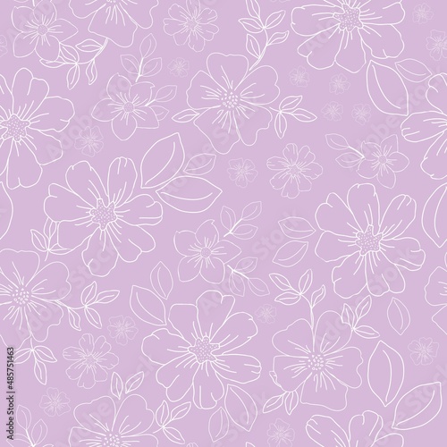 Seamless vintage pattern. White outline of flowers and leaves. Light lilac background. vector texture. fashionable print for textiles, wallpaper and packaging.