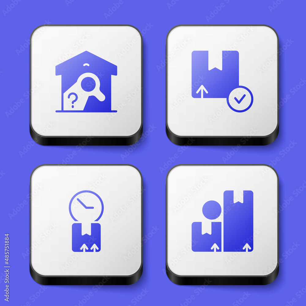 Set Warehouse check, Carton cardboard box, Cardboard with clock and icon. White square button. Vector Set Warehouse check, Carton cardboard box, Cardboard with clock and icon. White square button. Vector