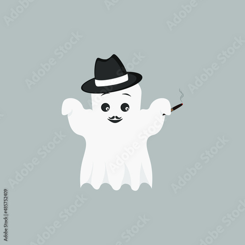 Cute ghost gentleman in hat with cigar on light grey background. Vector illustration. Halloween photo