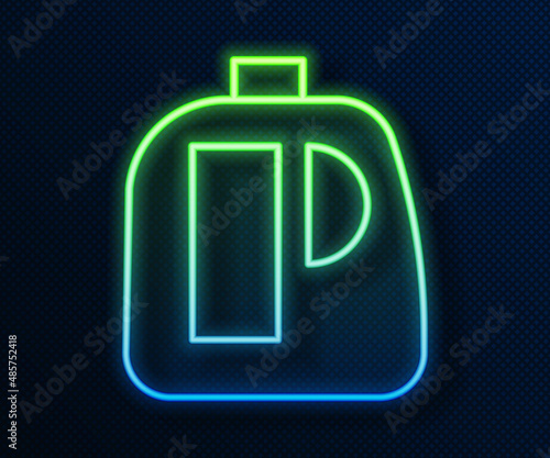 Glowing neon line Plastic bottles for laundry detergent, bleach, dishwashing liquid or another cleaning agent icon isolated on blue background. Vector Illustration