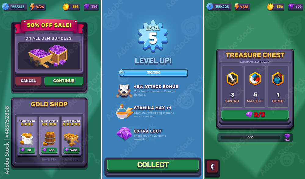 Action Game Ui Kit Menus, pop up, screens and Game elements Stock ...