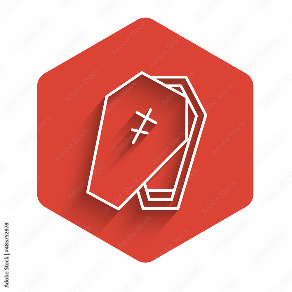 White line Coffin with christian cross icon isolated with long shadow. Happy Halloween party. Red hexagon button. Vector White line Coffin with christian cross icon isolated with long shadow. Happy Halloween party. Red hexagon button. Vector