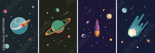 Photo Collection of space posters. Placard designs in flat style.