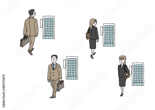 会社に通勤する男性と女性のセット　暖かみのある手書きの人物イラスト　白バックにベクター