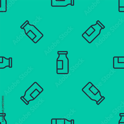 Blue line Closed glass bottle with milk icon isolated seamless pattern on green background. Vector