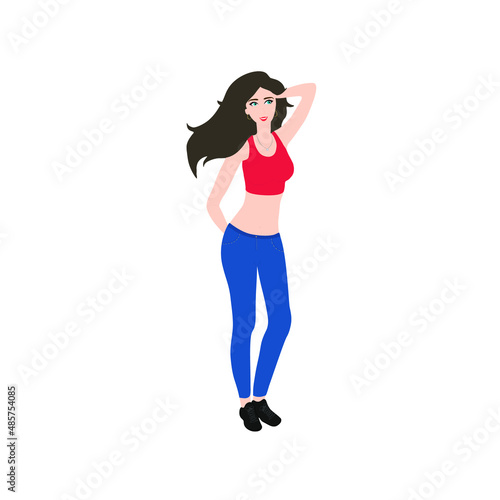 Vector illustration of a beautiful young girl in jeans and a top with lush brown hair posing for a photo shoot. Photo session.  © Polina