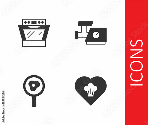 Set Chef hat, Oven, Fried eggs on frying pan and Kitchen meat grinder icon. Vector