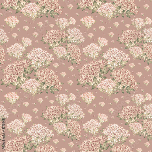 Abstract floral seamless print drawn lovely hydrangea bouquets