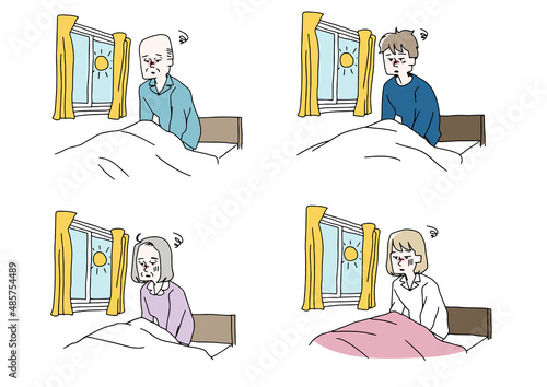 睡眠に問題を抱えている人物のセット　コミカルな手書きの人物イラスト　ベクター線画にシンプルな色つけ　