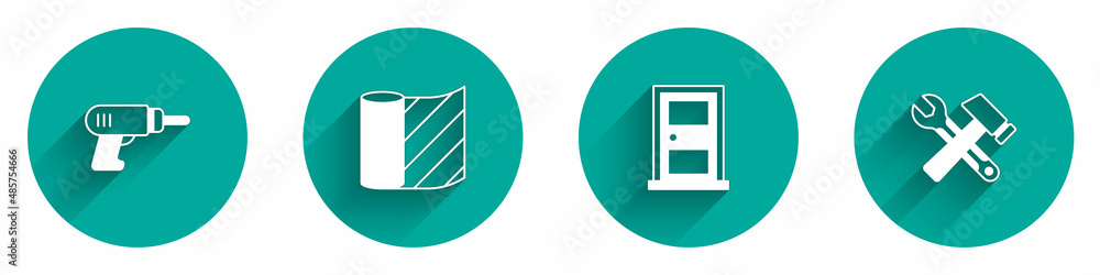 Set Electric drill machine, Wallpaper, Closed door and Hammer and wrench spanner icon with long shadow. Vector Set Electric drill machine, Wallpaper, Closed door and Hammer and wrench spanner icon with long shadow. Vector