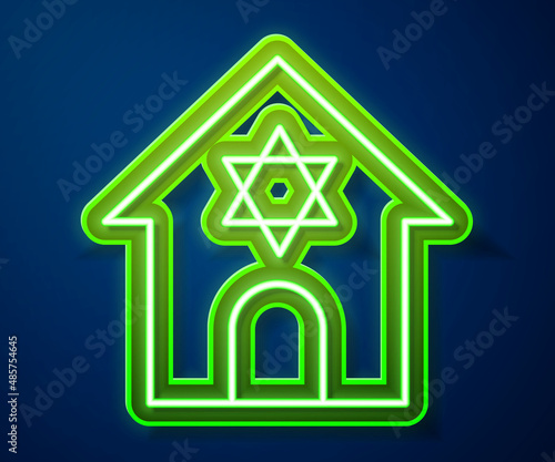Glowing neon line Jewish synagogue building or jewish temple icon isolated on blue background. Hebrew or judaism construction with David star. Vector