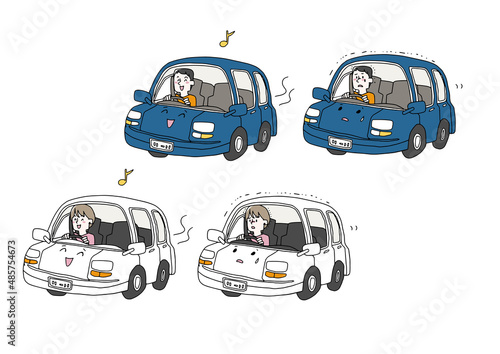 車の運転をしている人物のセット　不安と安心　コミカルな手書きの人物イラスト　ベクター線画
